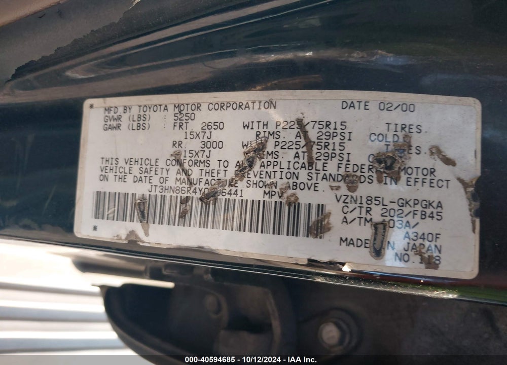 2000 TOYOTA 4RUNNER SR5 V6 VIN: JT3HN86R4Y0296441