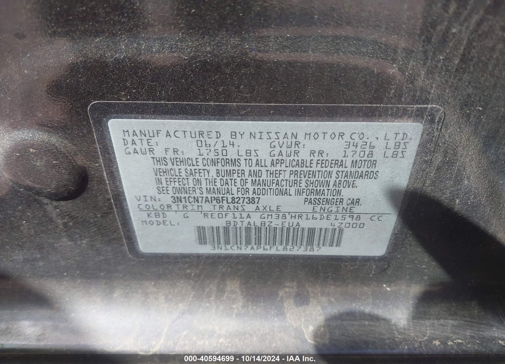 2015 NISSAN VERSA 1.6 S/1.6 S+/1.6 SL/1.6 SV VIN: 3N1CN7AP6FL827387