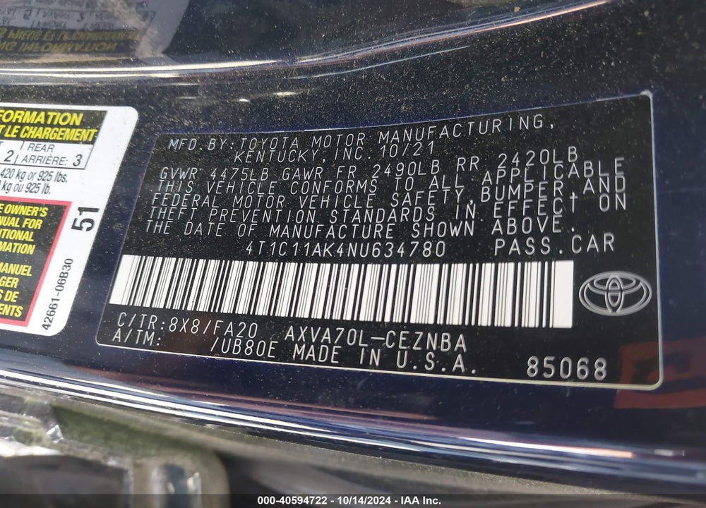 2022 TOYOTA CAMRY VIN: 4T1C11AK4NU634780