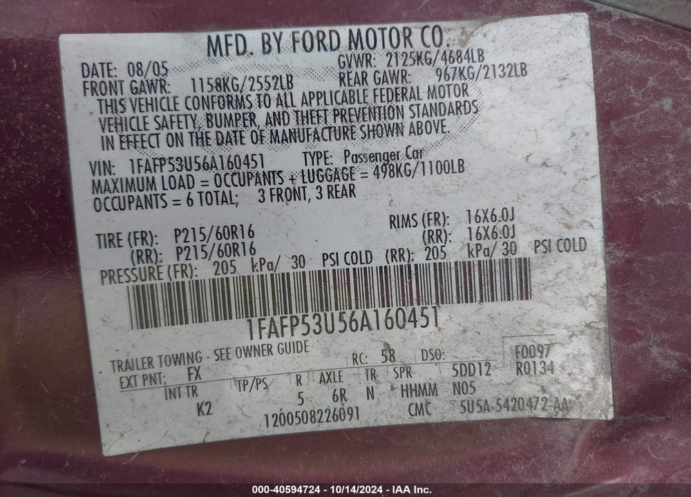 2006 FORD TAURUS SE VIN: 1FAFP53U56A160451