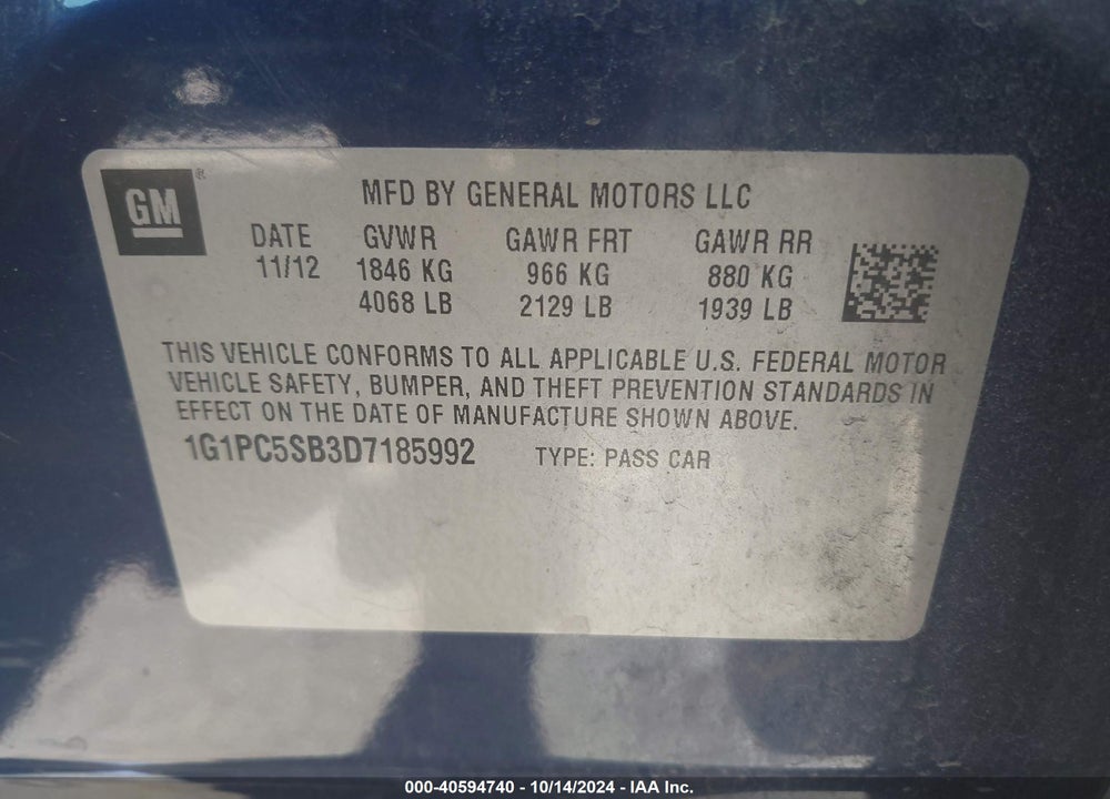 2013 CHEVROLET CRUZE 1LT AUTO VIN: 1G1PC5SB3D7185992