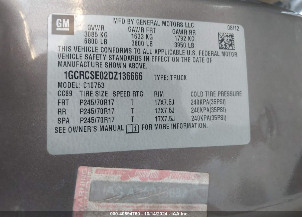 2013 CHEVROLET SILVERADO 1500 LT VIN: 1GCRCSE02DZ136666