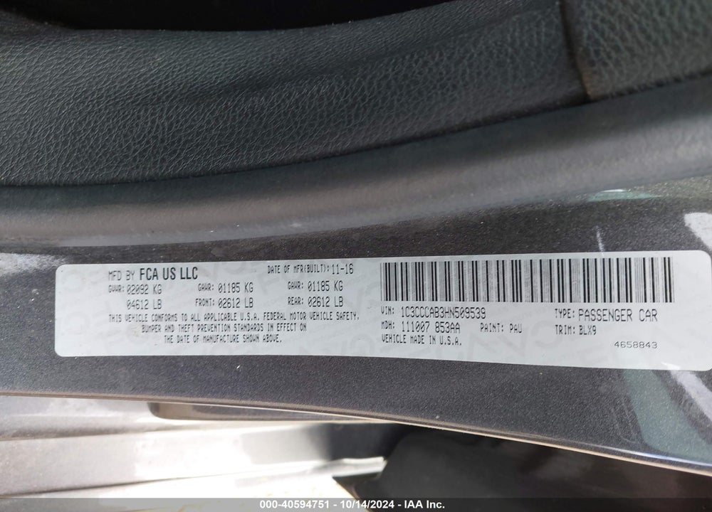 2017 CHRYSLER 200 LIMITED PLATINUM VIN: 1C3CCCAB3HN509539