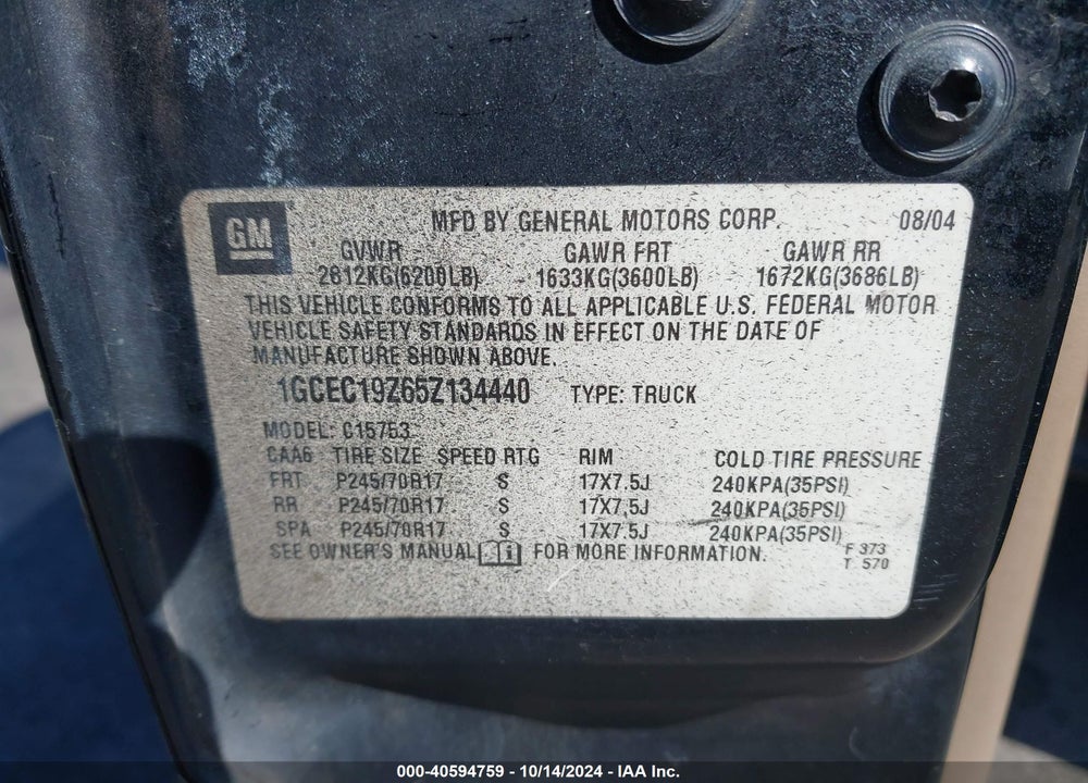 2005 CHEVROLET SILVERADO 1500 LT VIN: 1GCEC19Z65Z134440
