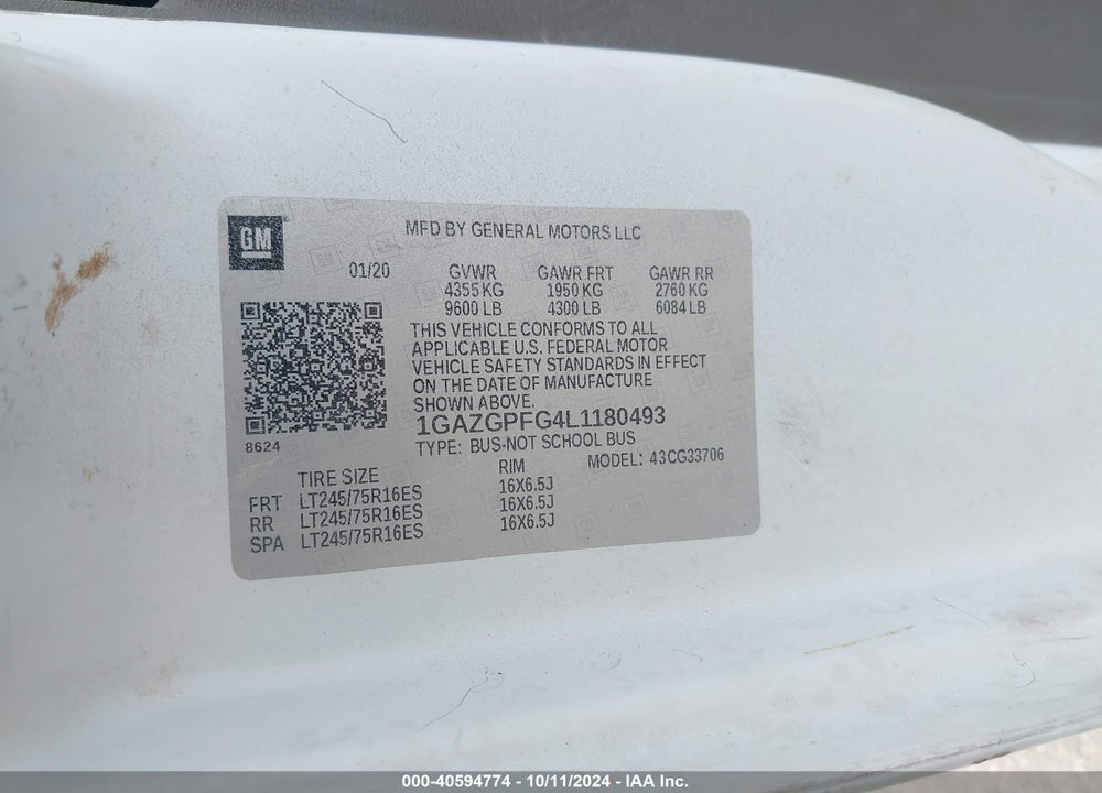 2020 CHEVROLET EXPRESS PASSENGER RWD 3500 EXTENDED WHEELBASE LT VIN: 1GAZGPFG4L1180493