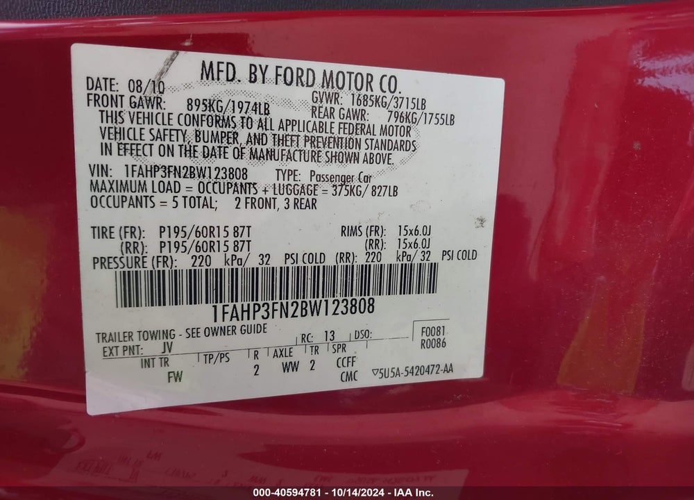 2011 FORD FOCUS SE VIN: 1FAHP3FN2BW123808