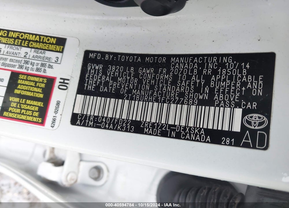 2015 TOYOTA COROLLA S PLUS VIN: 2T1BURHE1FC277689