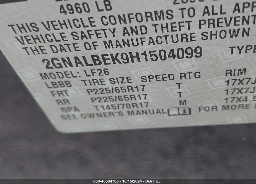 2017 CHEVROLET EQUINOX LS VIN: 2GNALBEK9H1504099