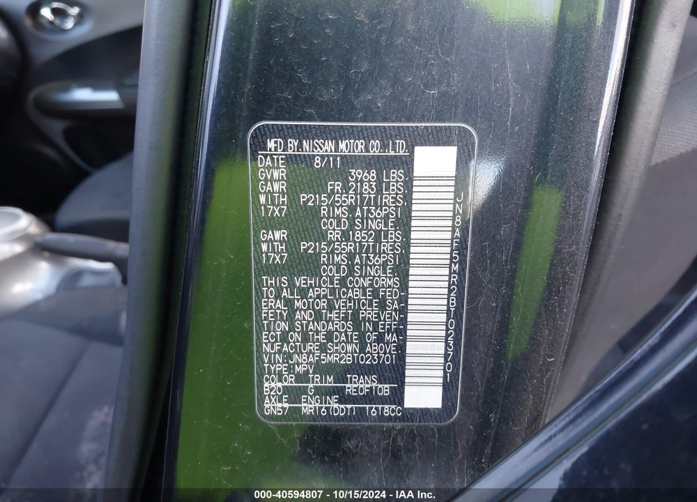 2011 NISSAN JUKE SV VIN: JN8AF5MR2BT023701