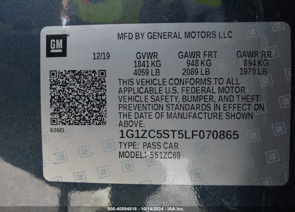 2020 CHEVROLET MALIBU FWD 1FL VIN: 1G1ZC5ST5LF070865