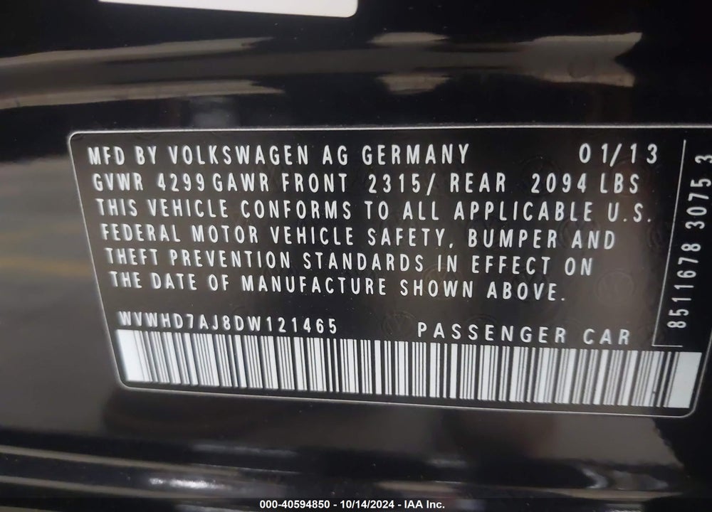 2013 VOLKSWAGEN GTI 4-DOOR VIN: WVWHD7AJ8DW121465