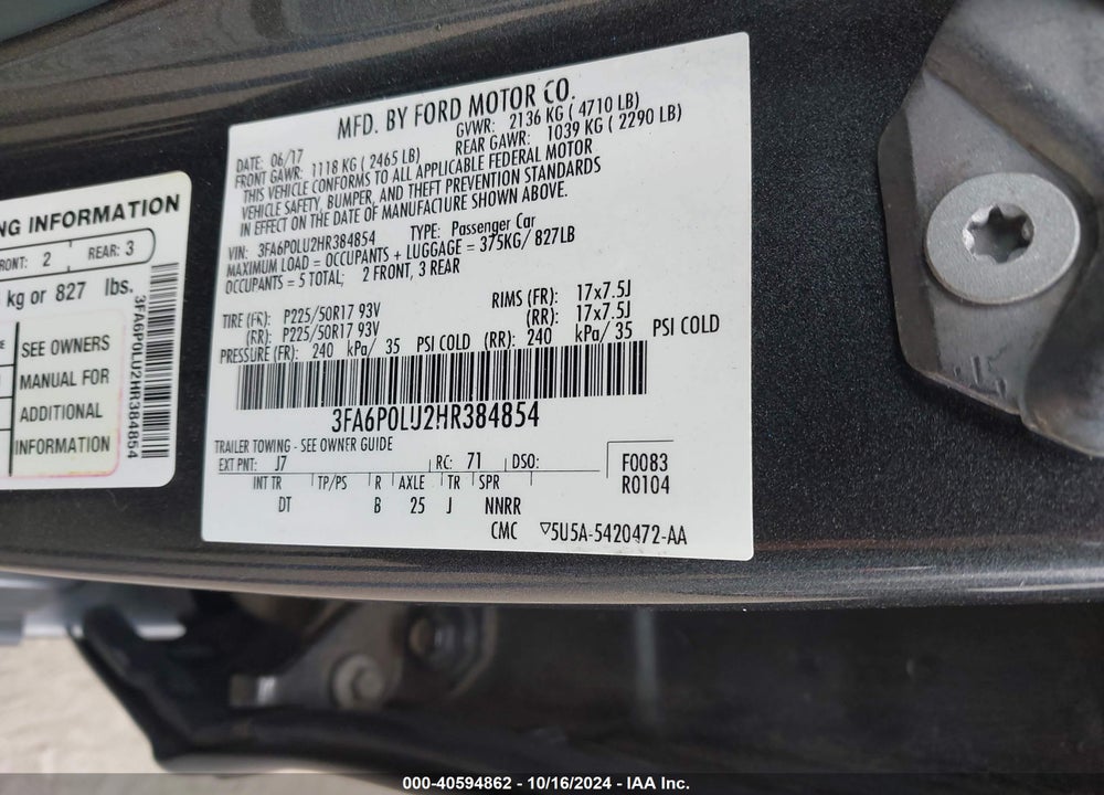 2017 FORD FUSION HYBRID SE VIN: 3FA6P0LU2HR384854