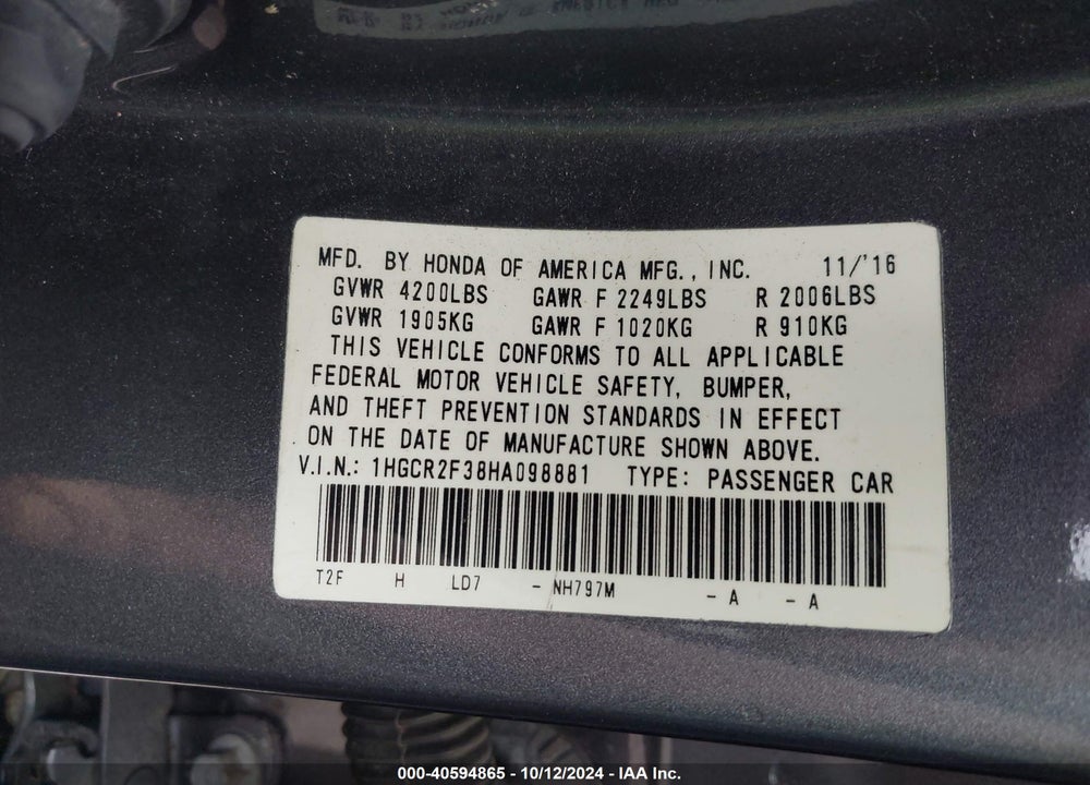 2017 HONDA ACCORD LX VIN: 1HGCR2F38HA098881