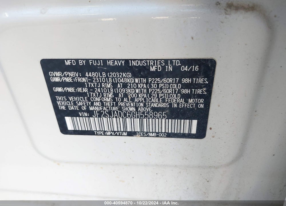 2016 SUBARU FORESTER 2.5I PREMIUM VIN: JF2SJADC6GH558965