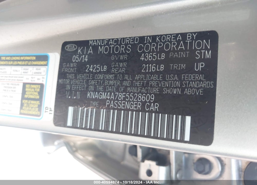 2015 KIA OPTIMA LX VIN: KNAGM4A78F5528609