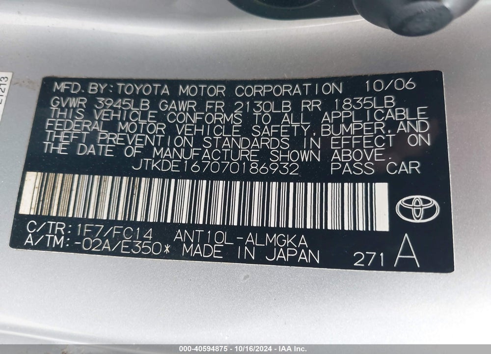 2007 SCION TC VIN: JTKDE167070186932