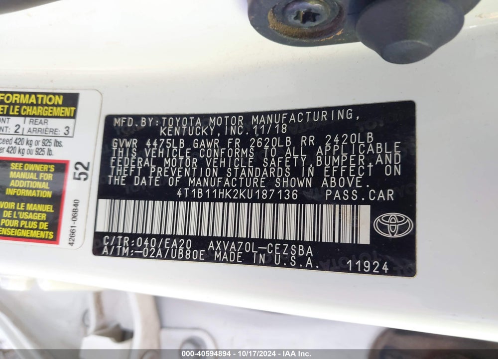 2019 TOYOTA CAMRY SE VIN: 4T1B11HK2KU187136