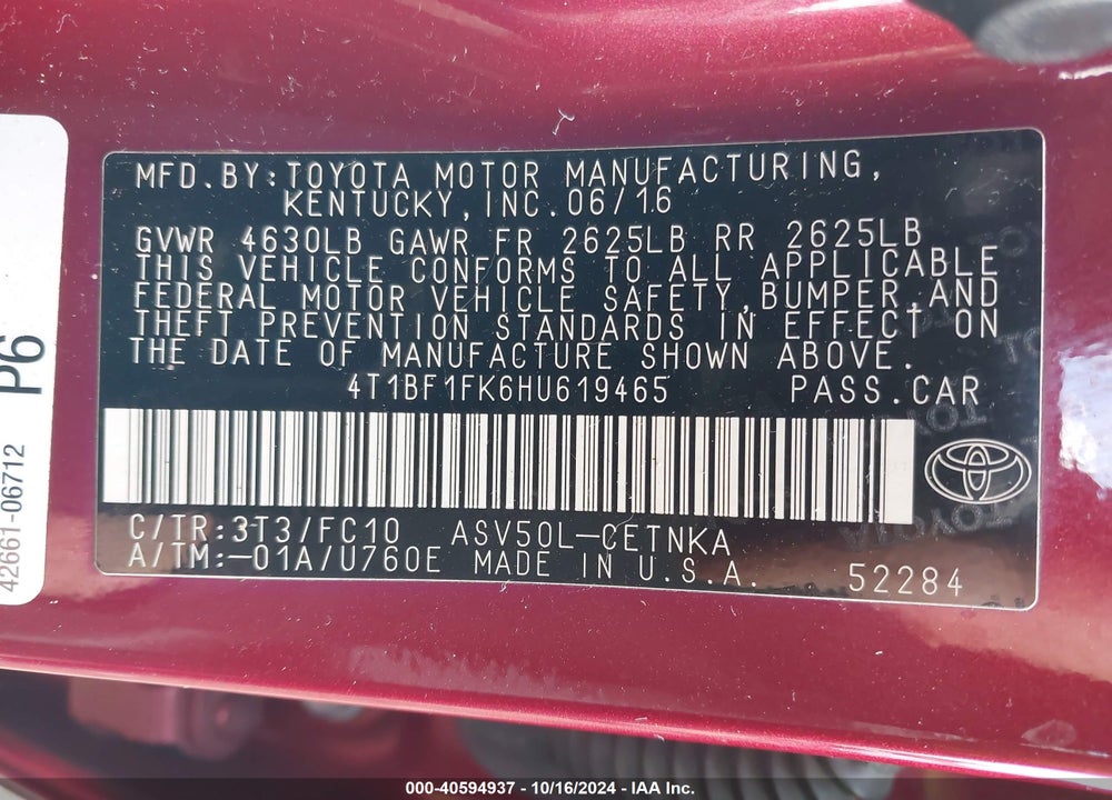 2017 TOYOTA CAMRY LE VIN: 4T1BF1FK6HU619465