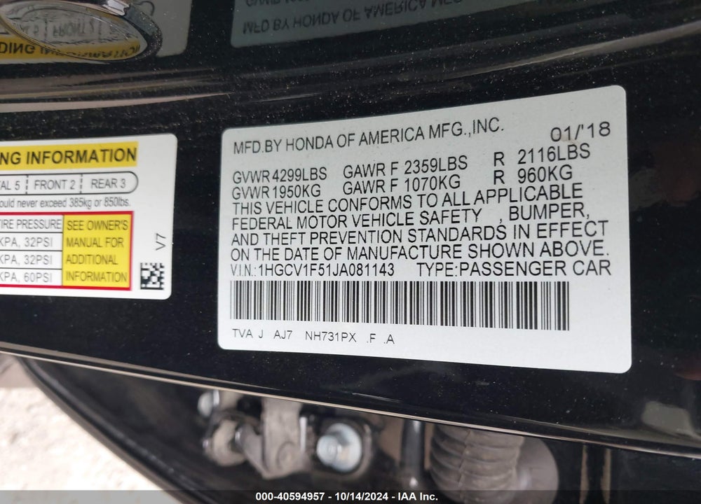 2018 HONDA ACCORD EX-L VIN: 1HGCV1F51JA081143