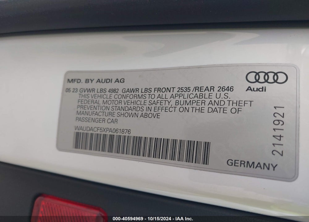 2023 AUDI A5 SPORTBACK PREMIUM 45 TFSI S LINE QUATTRO S TRONIC VIN: WAUDACF5XPA061876