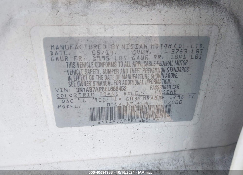 2014 NISSAN SENTRA FE+ S/FE+ SV/S/SL/SR/SV VIN: 3N1AB7AP8EL668452