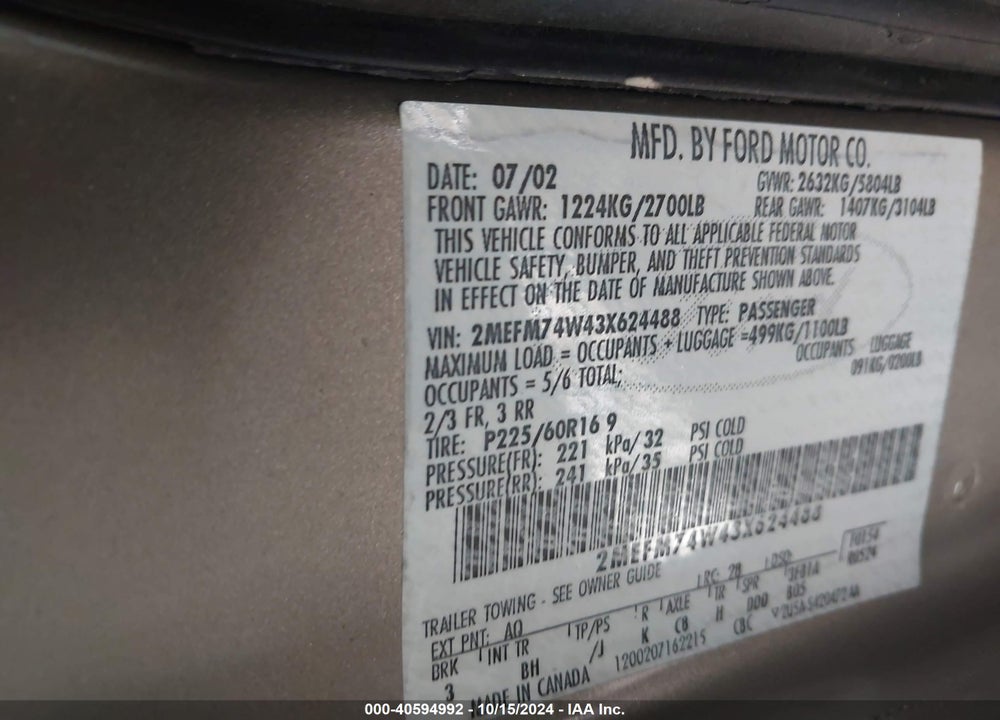 2003 MERCURY GRAND MARQUIS GS VIN: 2MEFM74W43X624488