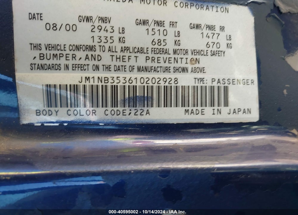 2001 MAZDA MX-5 MIATA LS/SPECIAL EDITION VIN: JM1NB353610202928