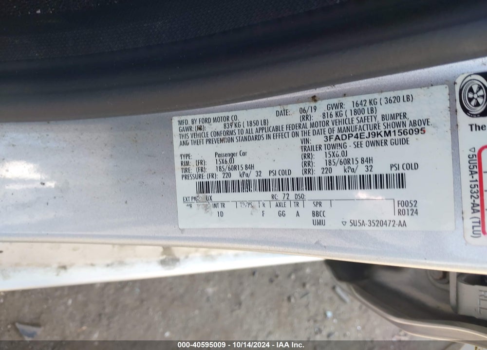 2019 FORD FIESTA SE VIN: 3FADP4EJ9KM156095