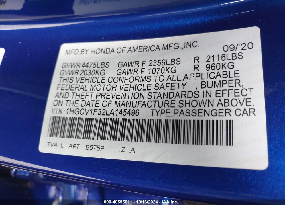 2020 HONDA ACCORD SPORT VIN: 1HGCV1F32LA145496