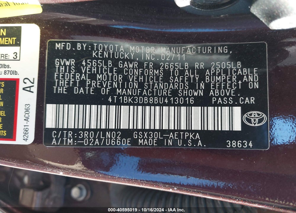 2011 TOYOTA AVALON LIMITED VIN: 4T1BK3DB8BU413016