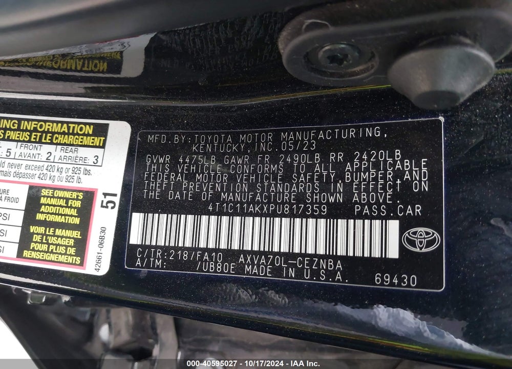 2023 TOYOTA CAMRY LE VIN: 4T1C11AKXPU817359