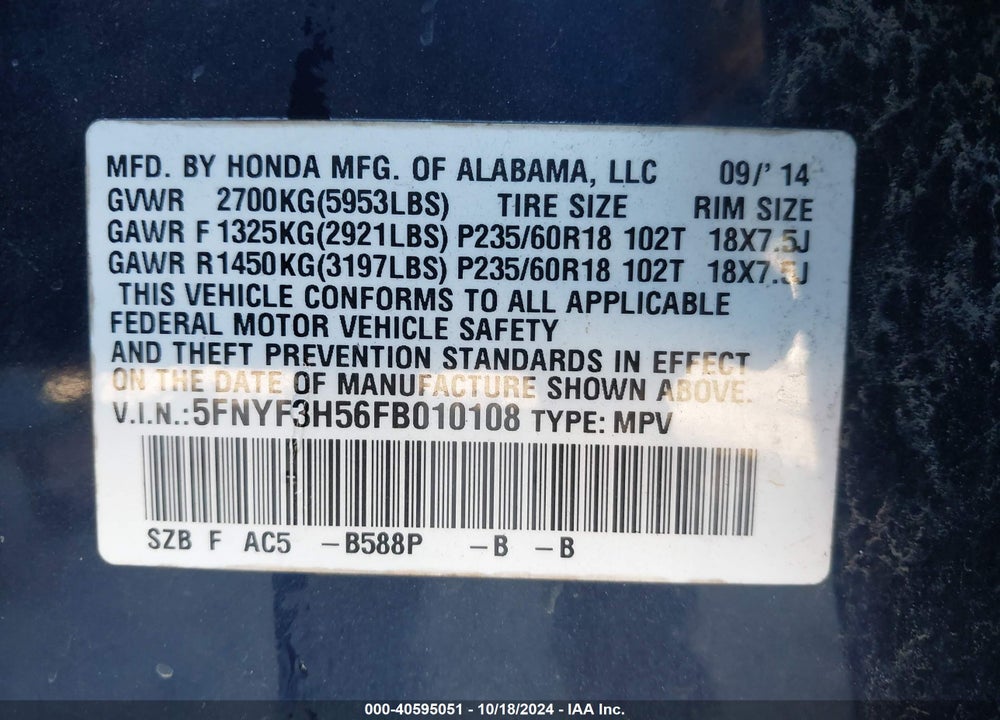 2015 HONDA PILOT EX-L VIN: 5FNYF3H56FB010108