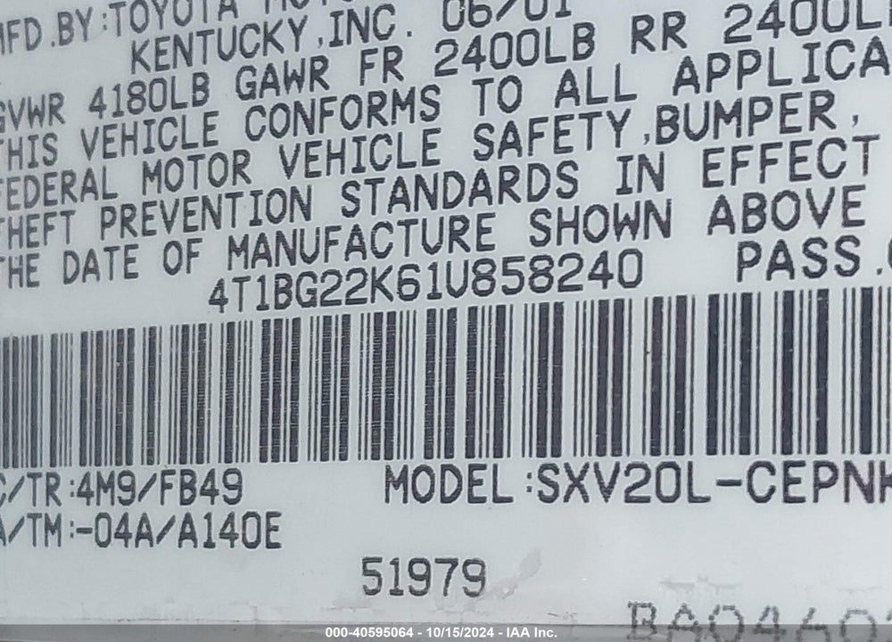 2001 TOYOTA CAMRY LE VIN: 4T1BG22K61U858240