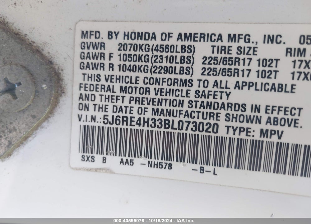 2011 HONDA CR-V LX VIN: 5J6RE4H33BL073020