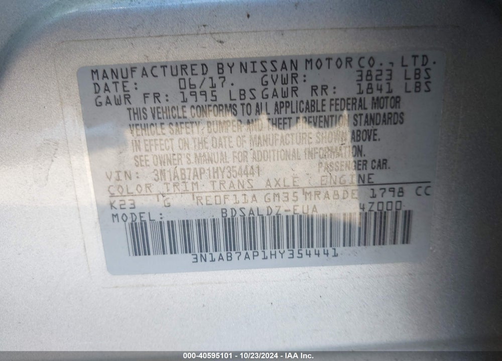 2017 NISSAN SENTRA SV VIN: 3N1AB7AP1HY354441