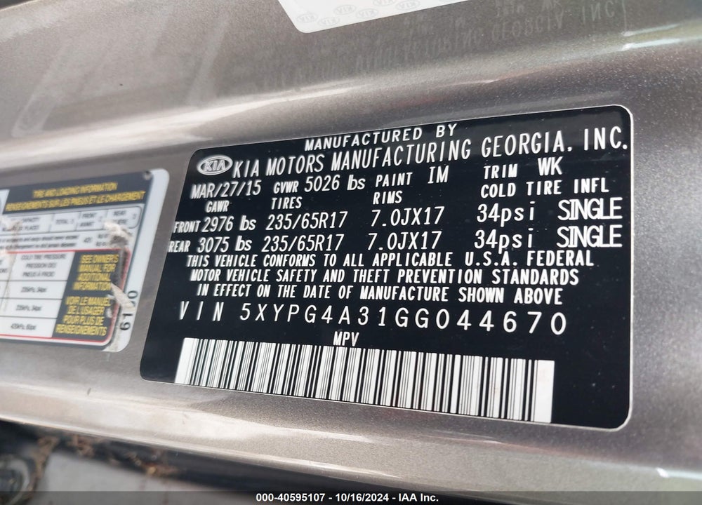 2016 KIA SORENTO 2.4L L VIN: 5XYPG4A31GG044670