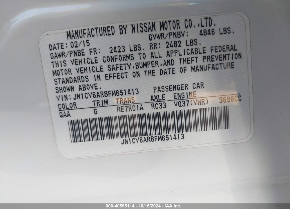 2015 INFINITI Q40 VIN: JN1CV6AR8FM651413