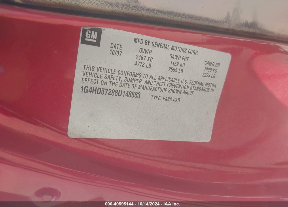 2008 BUICK LUCERNE VIN: 1G4HD57288U148683