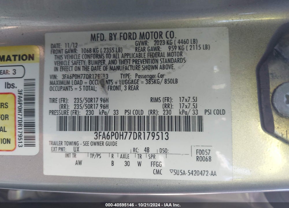 2013 FORD FUSION SE VIN: 3FA6P0H77DR179513