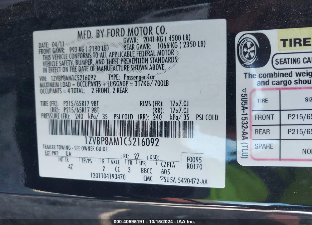 2012 FORD MUSTANG V6 PREMIUM VIN: 1ZVBP8AM1C5216092