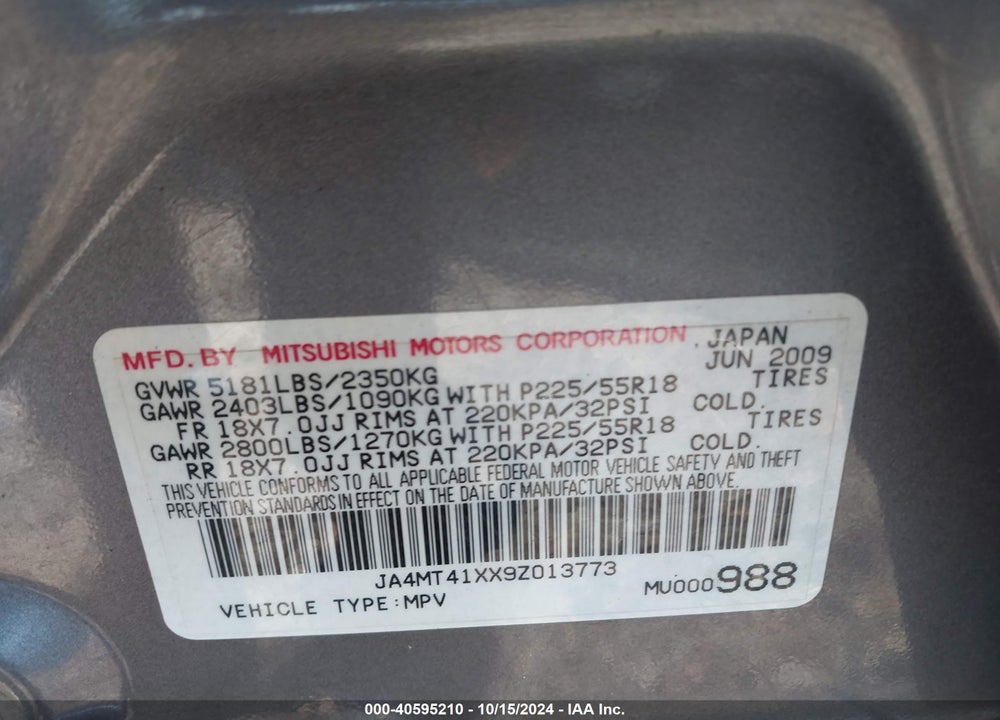 2009 MITSUBISHI OUTLANDER XLS VIN: JA4MT41XX9Z013773