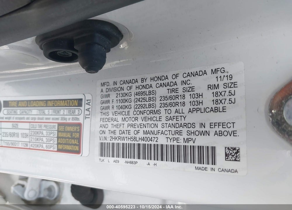 2020 HONDA CR-V 2WD EX VIN: 2HKRW1H58LH400472