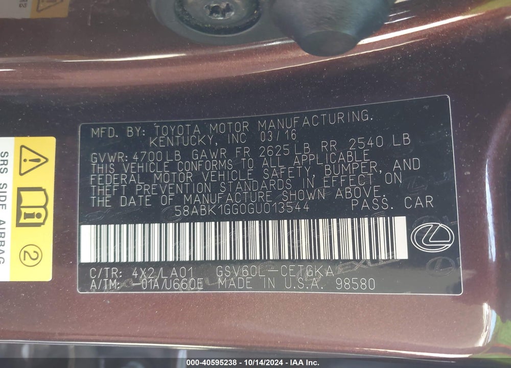2016 LEXUS ES 350 VIN: 58ABK1GG0GU013544