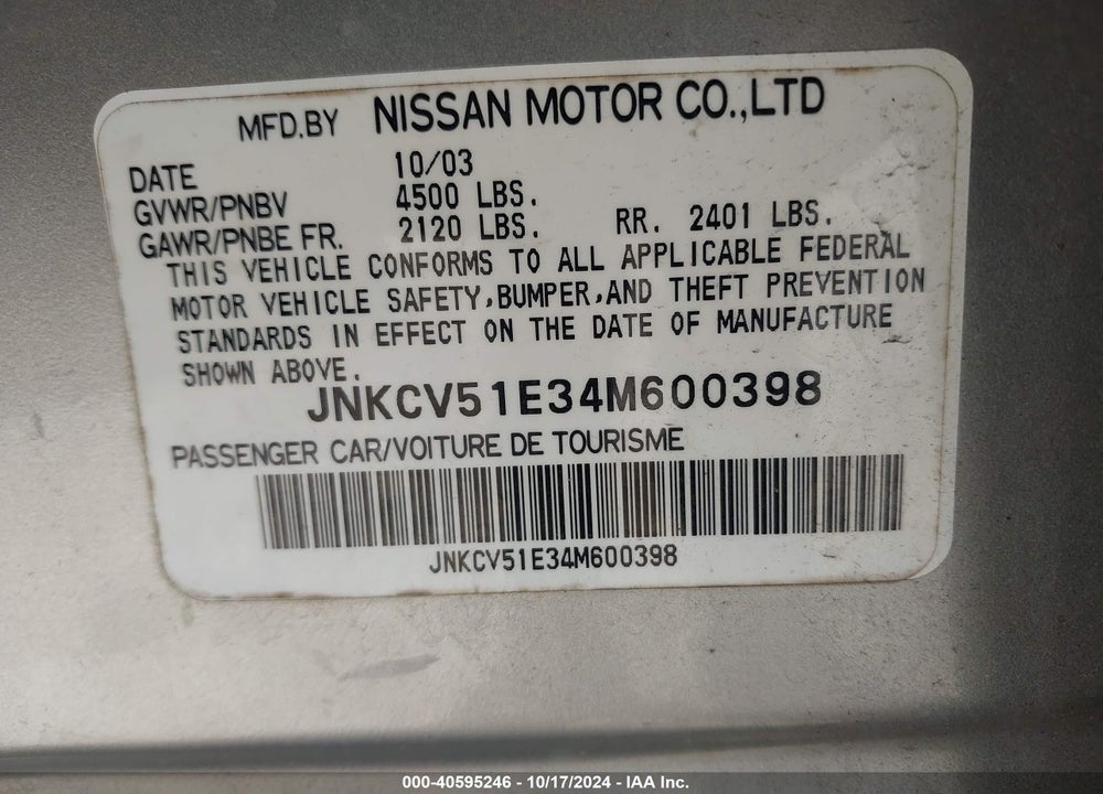 2004 INFINITI G35 VIN: JNKCV51E34M600398
