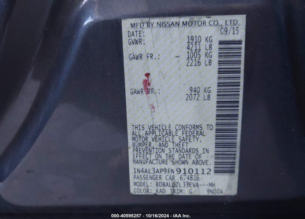2015 NISSAN ALTIMA 2.5 S VIN: 1N4AL3AP9FN910112