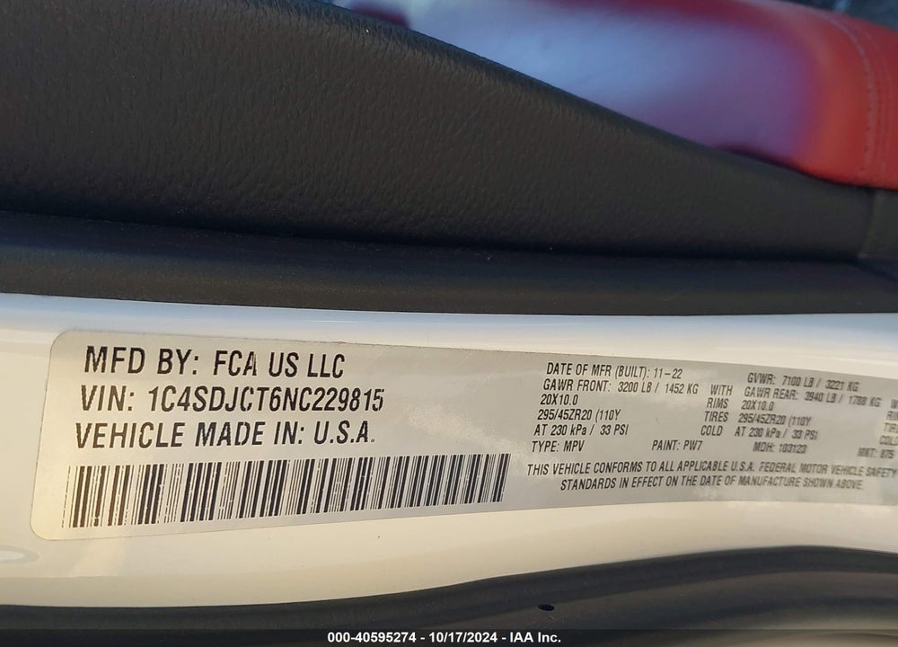 2022 DODGE DURANGO R/T AWD VIN: 1C4SDJCT6NC229815