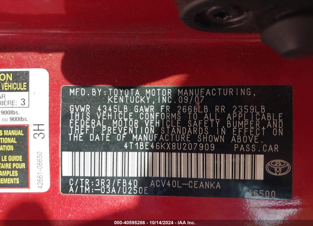 2008 TOYOTA CAMRY LE VIN: 4T1BE46KX8U207909