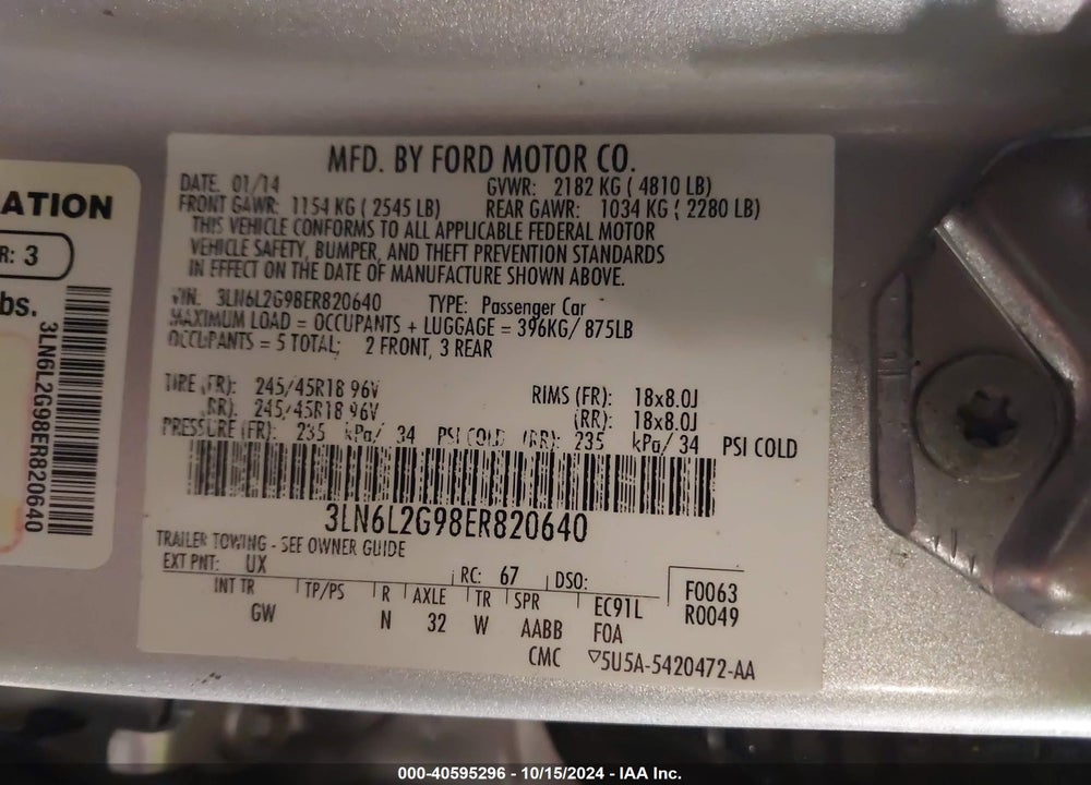 2014 LINCOLN MKZ VIN: 3LN6L2G98ER820640