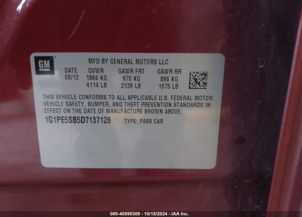 2013 CHEVROLET CRUZE VIN: 1G1PE5SB5D7137128