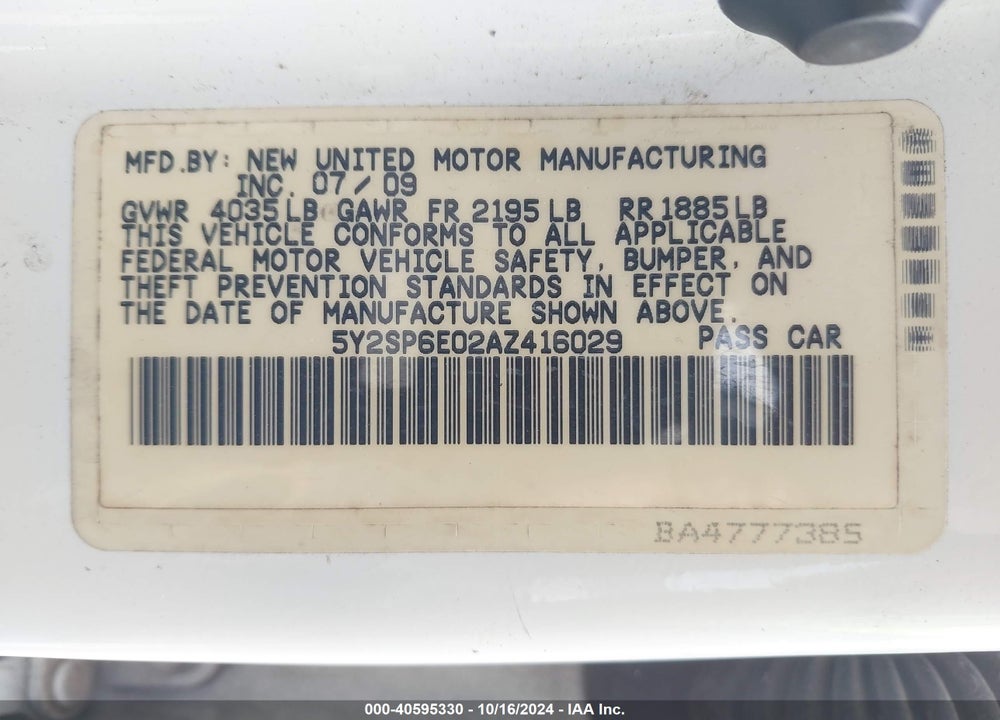 2010 PONTIAC VIBE VIN: 5Y2SP6E02AZ416029